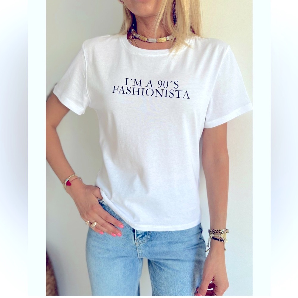 ZARA 90’s Fashionista Short Sleeve White Black Letters Graphic Casual Tee Tshirt